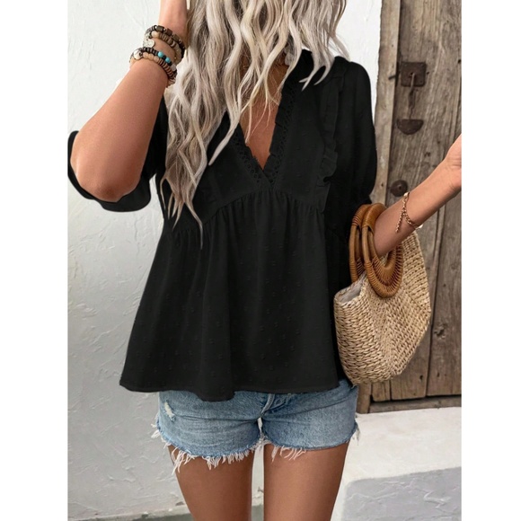 Black Swiss Dot Babydoll V-Neck Short Puff Sleeve Top Shirt Frill Ruffle Trim - Picture 5 of 8